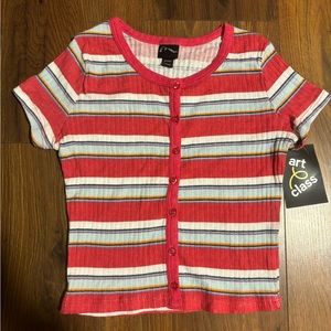 Art Class Girls’ Button Front Short Sleeve Striped Shirt - Red